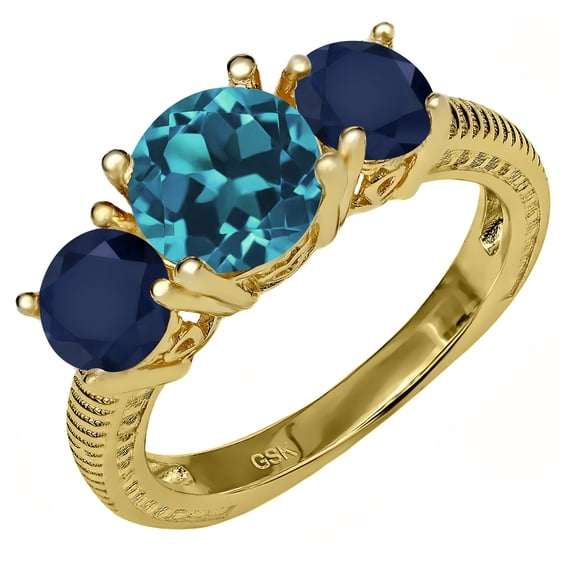 Gem Stone King 2.90 Ct Round London Blue Topaz Blue Sapphire 18K Yellow Gold Plated Silver Ring (Size 5)