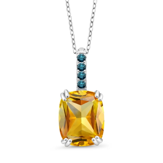 Gem Stone King 2.91 Ct Cushion Yellow Citrine Blue Diamond 925 Sterling Silver Pendant with Chain