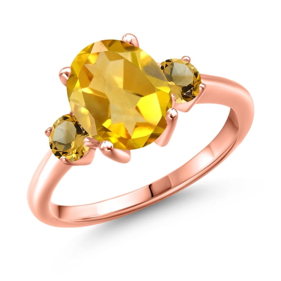 Gem Stone King 2.91 Ct Oval Yellow Citrine 18K Rose Gold Plated Silver Ring