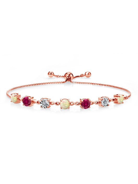 2.91 Ct Round Cabochon White Ethiopian Opal Red Created Ruby 18K Rose Gold Plated Silver Lab Grown Diamond Tennis Bracelet for Women (Fully Adjustable up to 9 inch)