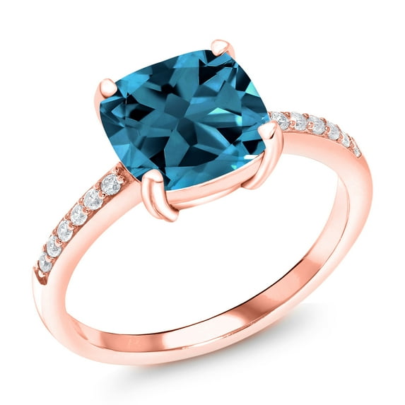 Gem Stone King 2.92 Ct Cushion London Blue Topaz 18K Rose Gold Plated Silver Ring