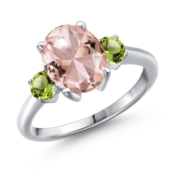 Gem Stone King 2.92 Ct Oval Peach Nano Morganite Green Peridot 925 Sterling Silver Ring (Size 8)