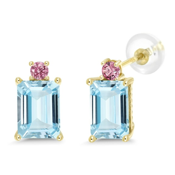 Gem Stone King 2.92 Ct Sky Blue Aquamarine Pink Lab Grown Diamond 10K Yellow Gold Earrings