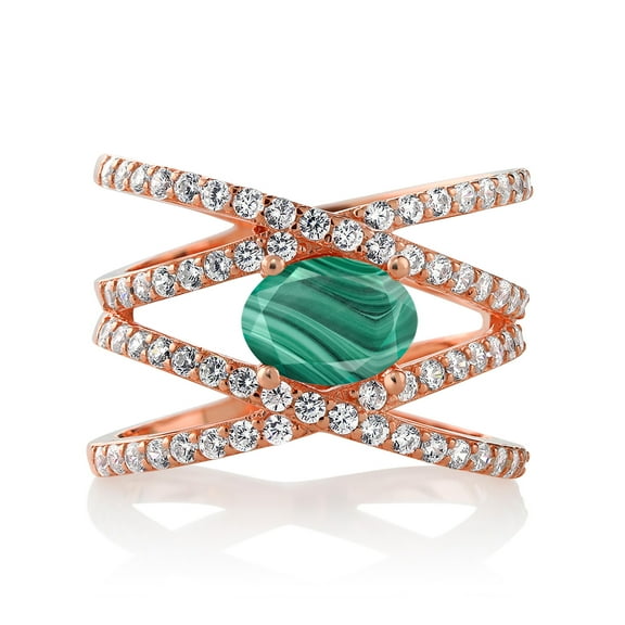 Gem Stone King 2.93 Ct Oval Green Malachite 18K Rose Gold Plated Silver Ring (Size 7)