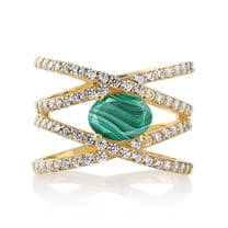 Gem Stone King 2.93 Ct Oval Green Malachite 18K Yellow Gold Plated Silver Ring (Size 9)