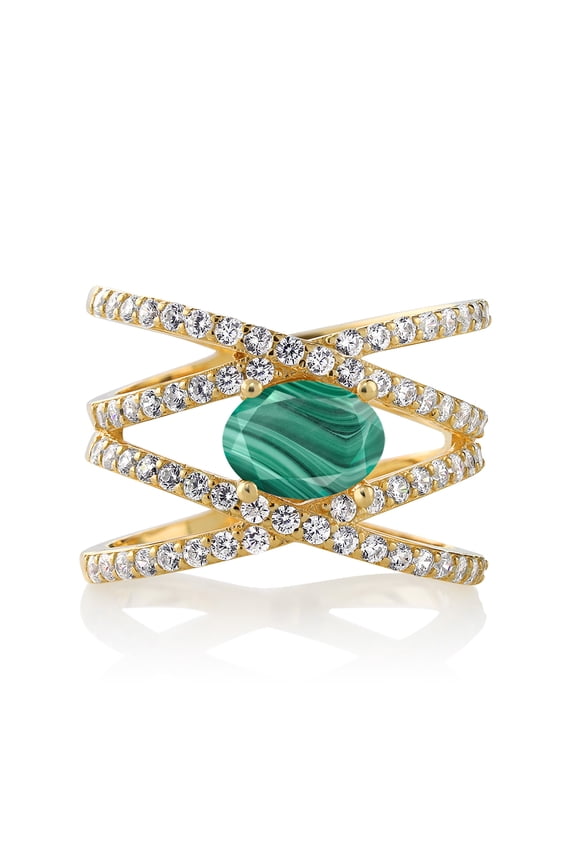 2.93 Ct Oval Green Malachite 18K Yellow Gold Plated Silver Ring (Size 9)