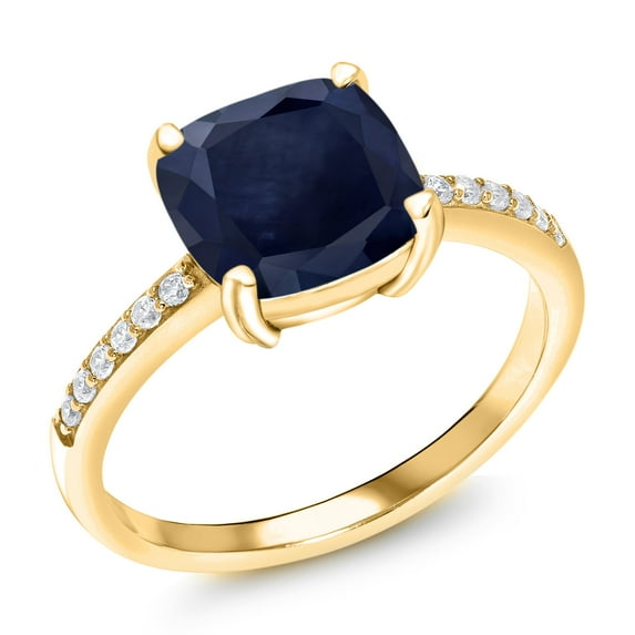 Gem Stone King 2.94 Ct Cushion Blue Sapphire 18K Yellow Gold Plated Silver Ring