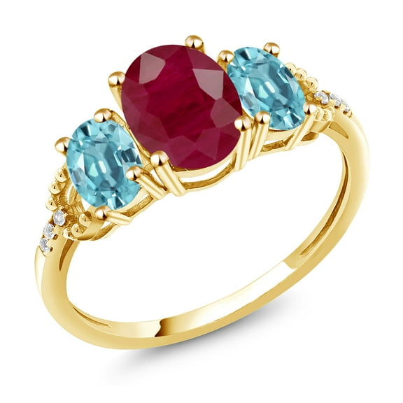 Gem Stone King 2.94 Ct Oval Red Ruby Blue Zircon 10K Yellow Gold Ring (Size 6)
