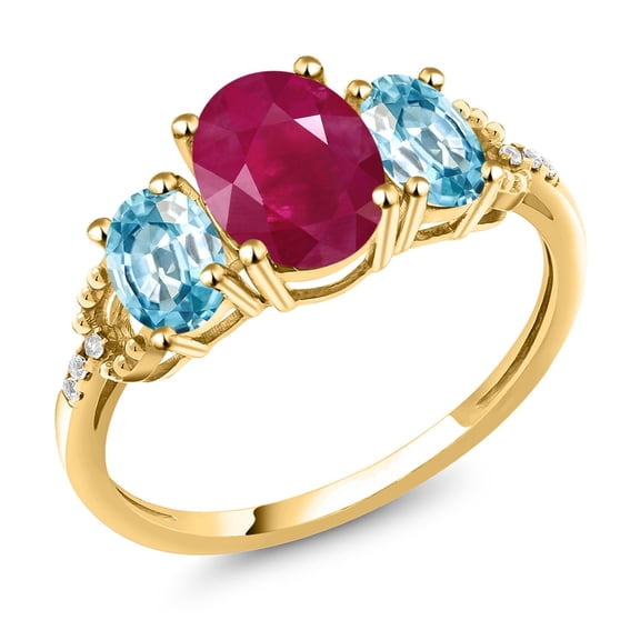Gem Stone King 2.94 Ct Oval Red Ruby Blue Zircon 10K Yellow Gold Ring (Size 6)