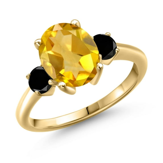 Gem Stone King 2.94 Ct Oval Yellow Citrine Black Diamond 18K Yellow Gold Plated Silver Ring