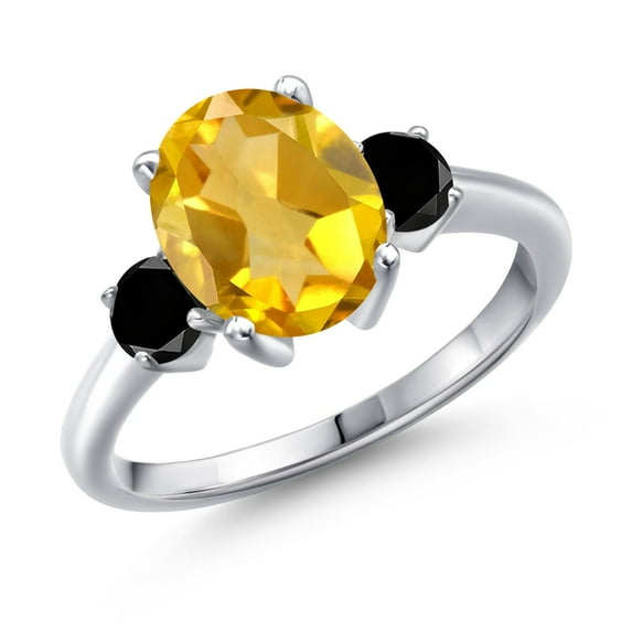 Gem Stone King 2.94 Ct Oval Yellow Citrine Black Diamond 925 Sterling Silver Ring