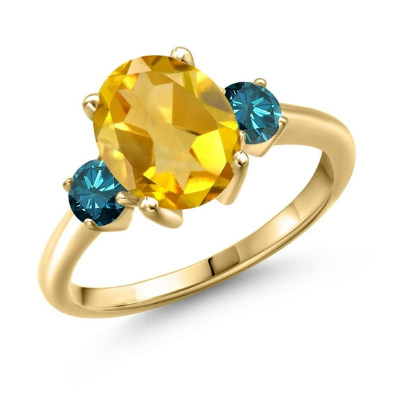 Gem Stone King 2.94 Ct Oval Yellow Citrine Blue Diamond 18K Yellow Gold Plated Silver Ring