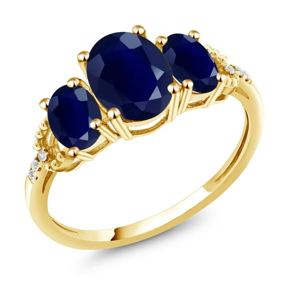 Gem Stone King 2.94 Cttw 10K Yellow Gold Blue Sapphire and Diamond 3-Stone Engagement Ring | Gemstone Birthstone | Three Stone Wedding Anniversary Promise Ring for Women (Size 7)