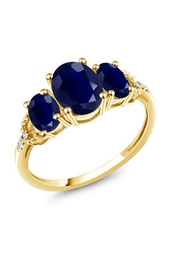 2.94 Cttw 10K Yellow Gold Blue Sapphire and Diamond 3-Stone Engagement Ring | Gemstone Birthstone | Three Stone Wedding Anniversary Promise Ring for Women (Size 7)