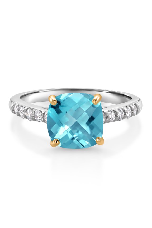 2.95 Ct Cushion Checkerboard Swiss Blue Topaz G/H Lab Grown Diamond 10K White Gold Engagement Ring with Yellow Gold Prongs (Size 9)