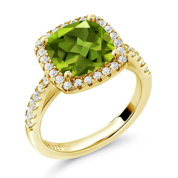 Gem Stone King 2.95 Cttw Green Peridot and White Created Sapphire 18K Yellow Gold Plated Silver Ring for Women | Gemstone Birthstone | 8MM Cushion | Available in Size 5, 6, 7, 8, 9