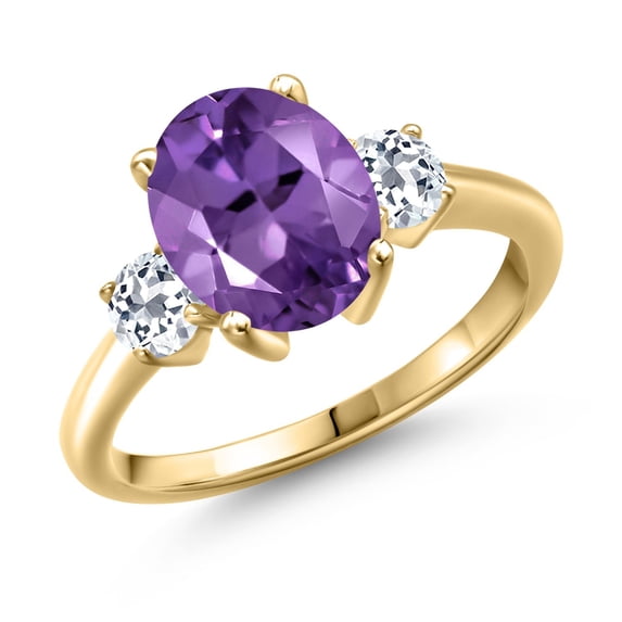 Gem Stone King 2.96 Ct Oval Purple Amethyst White Topaz 18K Yellow Gold Plated Silver Ring