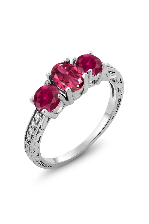 2.97 Ct Oval Pink Tourmaline Red Created Ruby 925 Sterling Silver Moissanite Ring (Size 6)