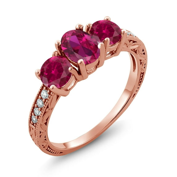 Gem Stone King 2.97 Ct Oval Red Created Ruby 18K Rose Gold Plated Silver Moissanite Ring (Size 5)