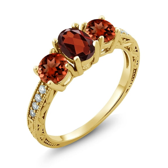 Gem Stone King 2.99 Ct Oval Red Garnet 18K Yellow Gold Plated Silver Moissanite Ring (Size 5)