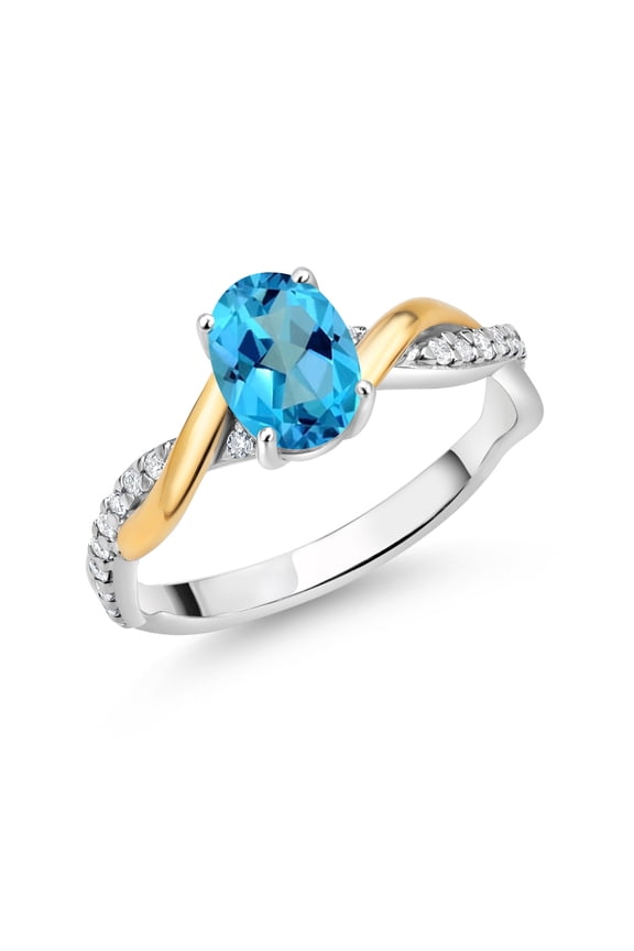 2 Tone 10K Yellow Gold and 925 Sterling Silver American Blue Mystic Topaz and White Lab Grown Diamond Twisted Interwoven Ring for Women (1.11 Cttw, Available in Size 5,6,7,8,9)