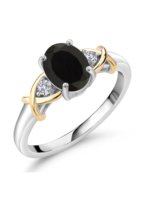 2 Tone 10K Yellow Gold and 925 Sterling Silver Black Onyx and White Lab Grown Diamond Ring for Women (1.68 Cttw, Gemstone Birthstone, Available in Size 5, 6, 7, 8, 9)