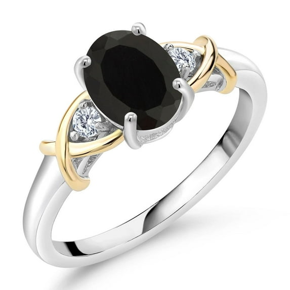 Gem Stone King 2 Tone 10K Yellow Gold and 925 Sterling Silver Black Onyx and White Lab Grown Diamond Ring for Women (1.68 Cttw, Gemstone Birthstone, Available in Size 5, 6, 7, 8, 9)