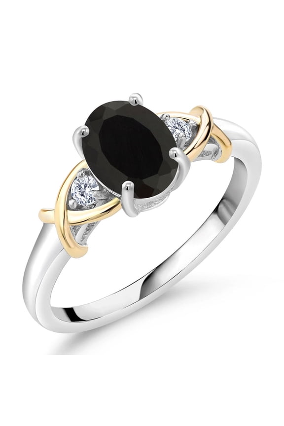2 Tone 10K Yellow Gold and 925 Sterling Silver Black Onyx and White Lab Grown Diamond Ring for Women (1.68 Cttw, Gemstone Birthstone, Available in Size 5, 6, 7, 8, 9)