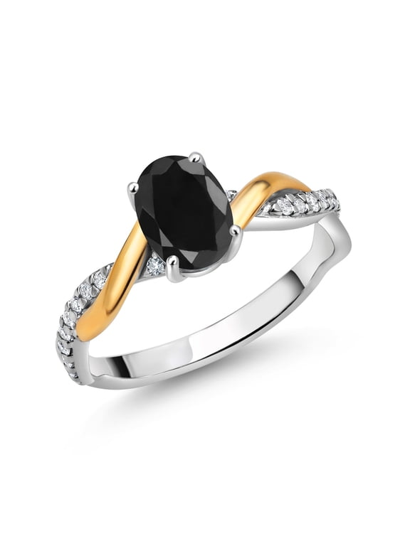 2 Tone 10K Yellow Gold and 925 Sterling Silver Black Sapphire and White Lab Grown Diamond Twisted Interwoven Ring for Women (1.21 Cttw, Available in Size 5,6,7,8,9)