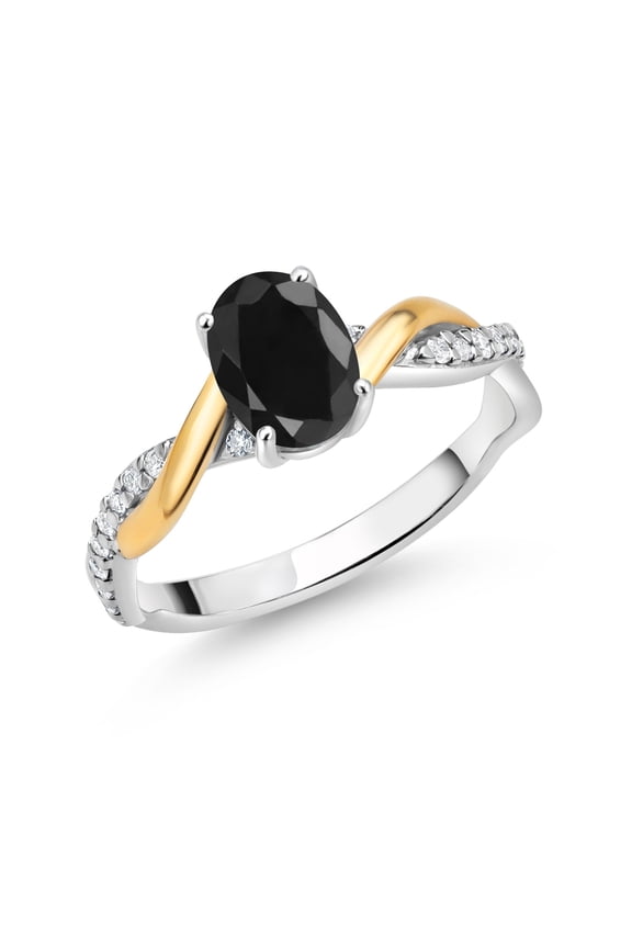 2 Tone 10K Yellow Gold and 925 Sterling Silver Black Sapphire and White Lab Grown Diamond Twisted Interwoven Ring for Women (1.21 Cttw, Available in Size 5,6,7,8,9)