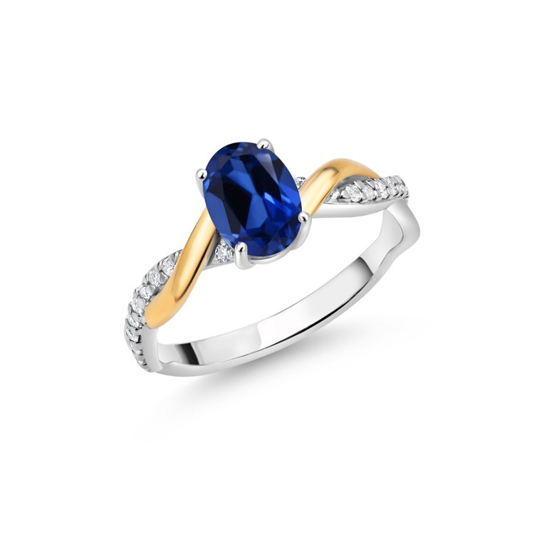 Gem Stone King 2 Tone 10K Yellow Gold and 925 Sterling Silver Blue Created  Sapphire and White Lab Grown Diamond Twisted Interwoven Ring For Women