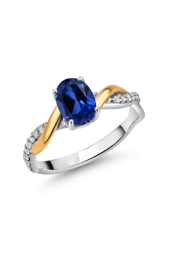 2 Tone 10K Yellow Gold and 925 Sterling Silver Blue Created Sapphire and White Lab Grown Diamond Twisted Interwoven Ring for Women (1.11 Cttw, Available in Size 5,6,7,8,9)