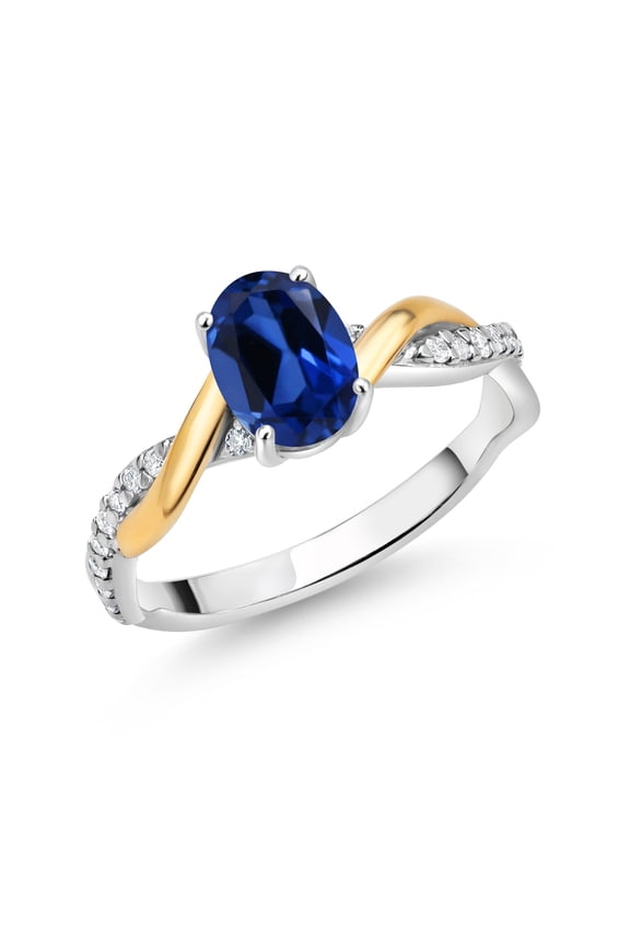 2 Tone 10K Yellow Gold and 925 Sterling Silver Blue Created Sapphire and White Lab Grown Diamond Twisted Interwoven Ring for Women (1.11 Cttw, Available in Size 5,6,7,8,9)
