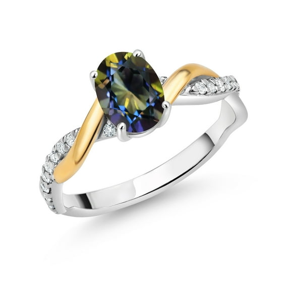 Gem Stone King 2 Tone 10K Yellow Gold and 925 Sterling Silver Blue Mystic Topaz and White Lab Grown Diamond Twisted Interwoven Ring for Women (1.06 Cttw, Available in Size 5,6,7,8,9)
