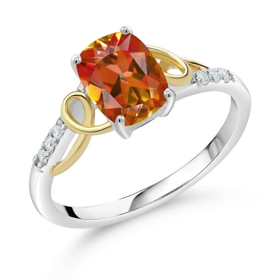 Gem Stone King 2 Tone 10K Yellow Gold and 925 Sterling Silver Ecstasy Mystic Topaz and White E-F Lab Grown Diamond Women Ring (1.66 Cttw, Available in Size 5,6,7,8,9)