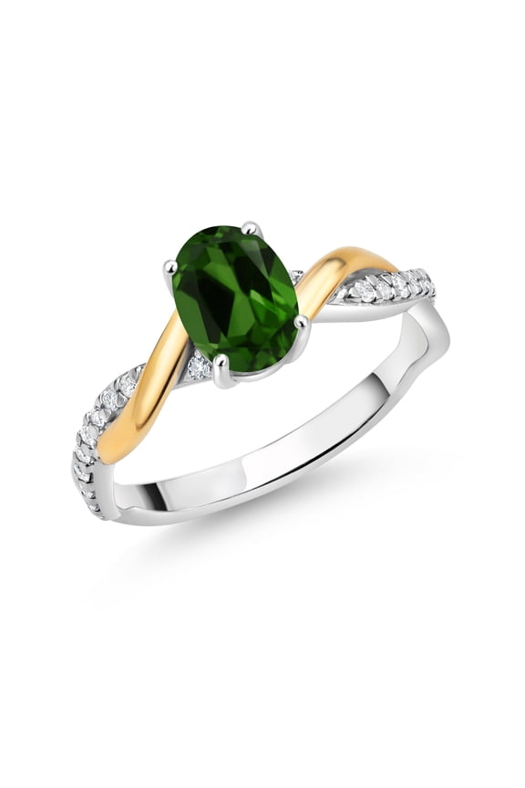 2 Tone 10K Yellow Gold and 925 Sterling Silver Green Chrome Diopside and White Lab Grown Diamond Twisted Interwoven Ring for Women (0.81 Cttw, Available in Size 5,6,7,8,9)