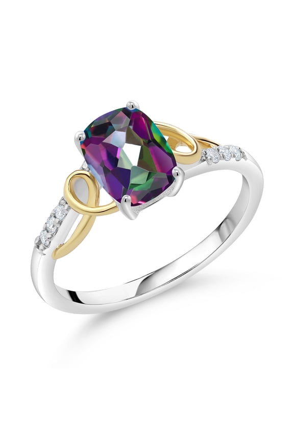 2 Tone 10K Yellow Gold and 925 Sterling Silver Green Mystic Topaz and White Lab Grown Diamond Engagement Ring for Women (1.66 Cttw, Available in Size 5,6,7,8,9)