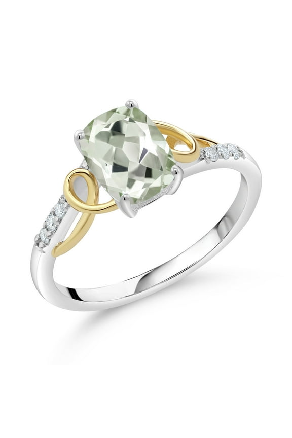 2 Tone 10K Yellow Gold and 925 Sterling Silver Green Prasiolite and White E-F Lab Grown Diamond Women Ring (1.34 Cttw, Available in Size 5,6,7,8,9)