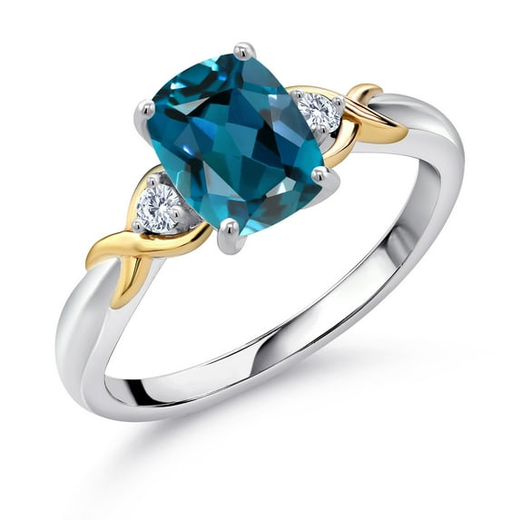 Gem Stone King 2 Tone 10K Yellow Gold and 925 Sterling Silver London Blue Topaz and White Lab Grown Diamond Women Ring (1.68 Cttw, Gemstone Birthstone, Available in Size 5, 6, 7, 8, 9)