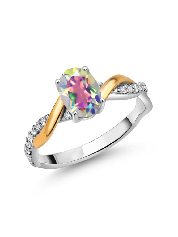 2 Tone 10K Yellow Gold and 925 Sterling Silver Mercury Mist Mystic Topaz and White Lab Grown Diamond Twisted Interwoven Ring for Women (1.11 Cttw, Available in Size 5,6,7,8,9)