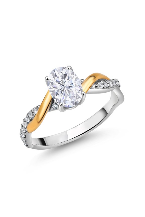 2 Tone 10K Yellow Gold and 925 Sterling Silver Near Colorless (GH, Size 6) Moissanite and White Lab Grown Diamond Twisted Interwoven Ring for Women (1.01 Cttw, Size 6)