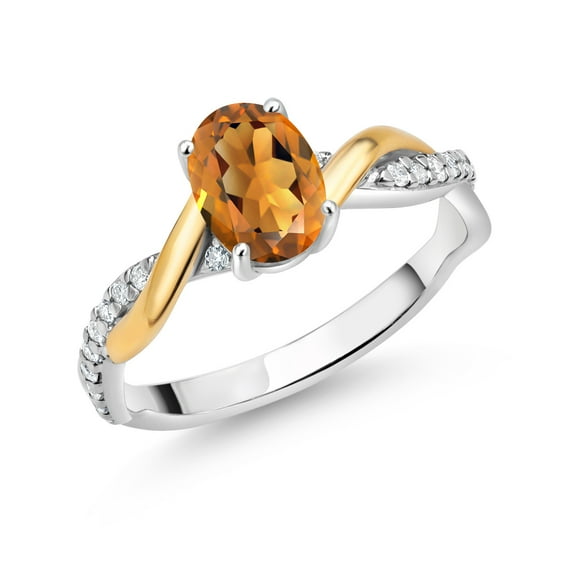 Gem Stone King 2 Tone 10K Yellow Gold and 925 Sterling Silver Orange Red Madeira Citrine and White Lab Grown Diamond Twisted Interwoven Ring for Women (0.81 Cttw, Available in Size 5,6,7,8,9)