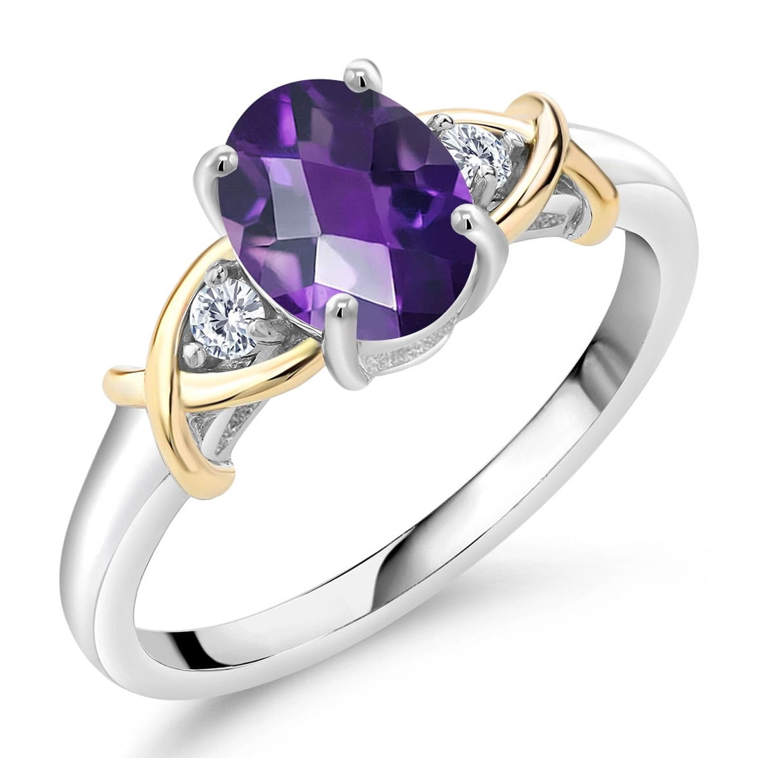 Gem Stone King 2 Tone 10K Yellow Gold and 925 Sterling Silver Oval Checkerboard Purple Amethyst and Lab Grown Diamond Engagement Ring for Women (1.28 Cttw, Available in Size 5,6,7,8,9)