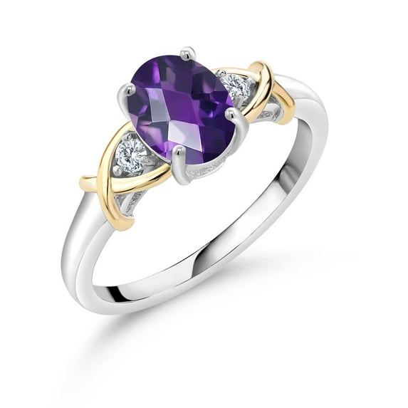 Gem Stone King 2 Tone 10K Yellow Gold and 925 Sterling Silver Oval Checkerboard Purple Amethyst and Lab Grown Diamond Engagement Ring for Women (1.28 Cttw, Available in Size 5,6,7,8,9)