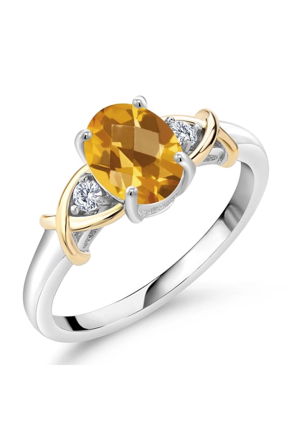 1.33 Cttw Yellow Citrine and Lab Grown Diamond Ring for Women | 10K Yellow Gold and 925 Sterling Silver | Gemstone November Birthstone | Oval Checkerboard 8X6MM | Size 7