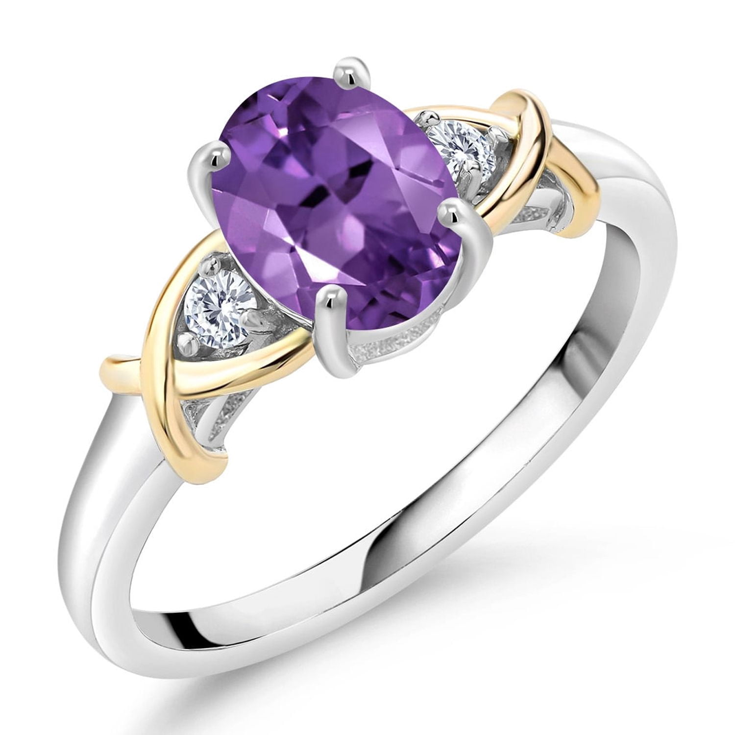 Gem Stone King 2 Tone 10K Yellow Gold and 925 Sterling Silver Purple Amethyst and Lab Grown Diamond Engagement Ring for Women (1.23 Cttw, Gemstone Birthstone, Available in Size 5, 6, 7, 8, 9)
