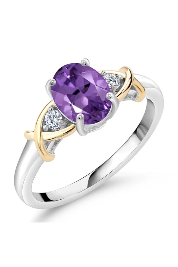 2 Tone 10K Yellow Gold and 925 Sterling Silver Purple Amethyst and Lab Grown Diamond Engagement Ring for Women (1.23 Cttw, Gemstone Birthstone, Available in Size 5, 6, 7, 8, 9)