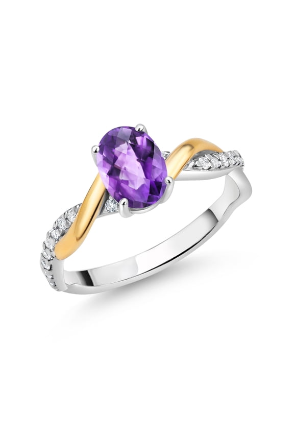 2 Tone 10K Yellow Gold and 925 Sterling Silver Purple Amethyst and White Lab Grown Diamond Twisted Interwoven Ring for Women (0.86 Cttw, Available in Size 5,6,7,8,9)