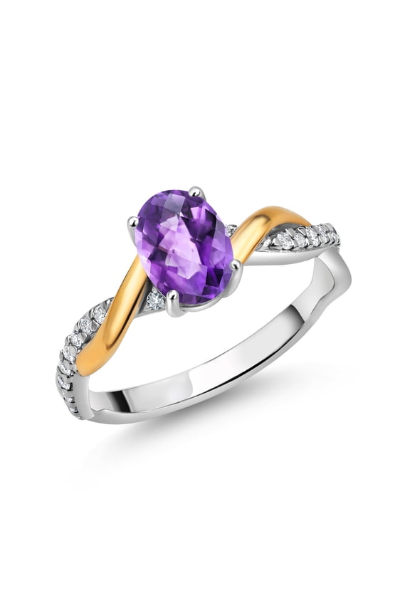 2 Tone 10K Yellow Gold and 925 Sterling Silver Purple Amethyst and White Lab Grown Diamond Twisted Interwoven Ring for Women (0.86 Cttw, Available in Size 5,6,7,8,9)