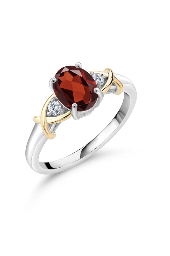 2 Tone 10K Yellow Gold and 925 Sterling Silver Red Garnet and White Lab Grown Diamond Ring for Women (1.58 Cttw, Available in Size 5,6,7,8,9)